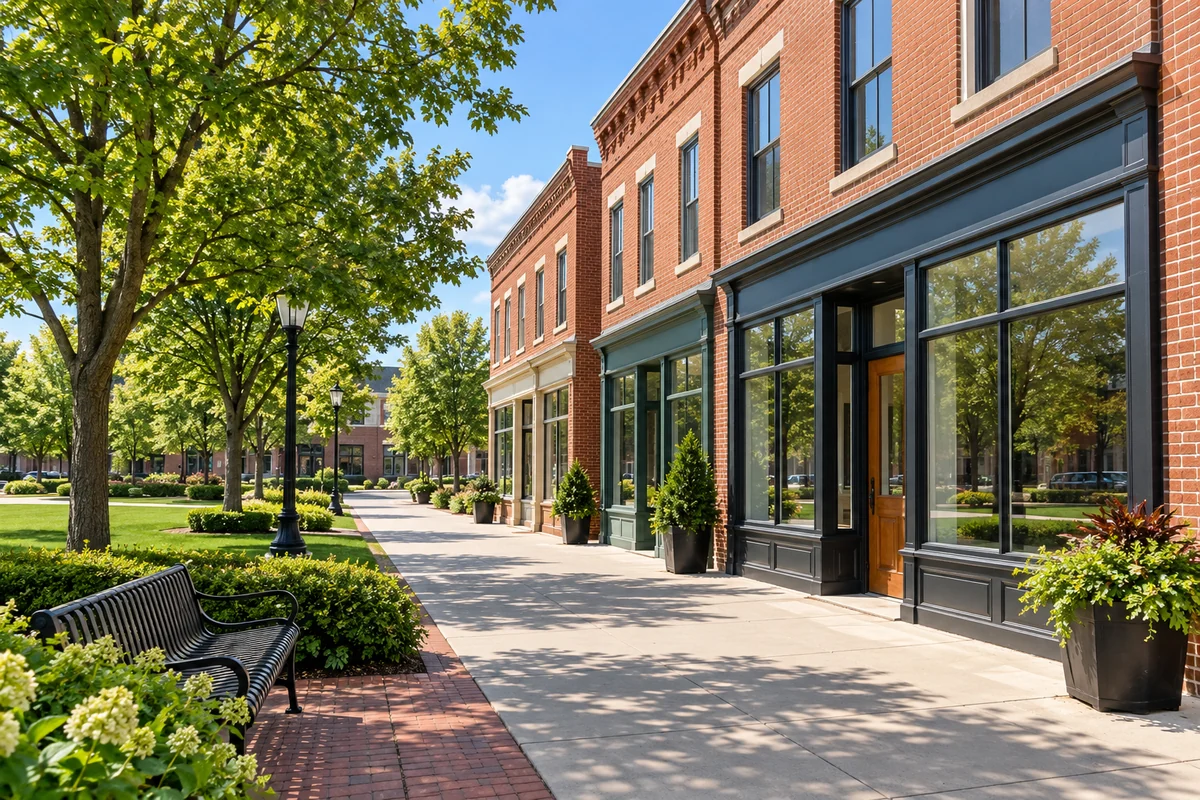 Representative Ohio town-center street beside a public green.
