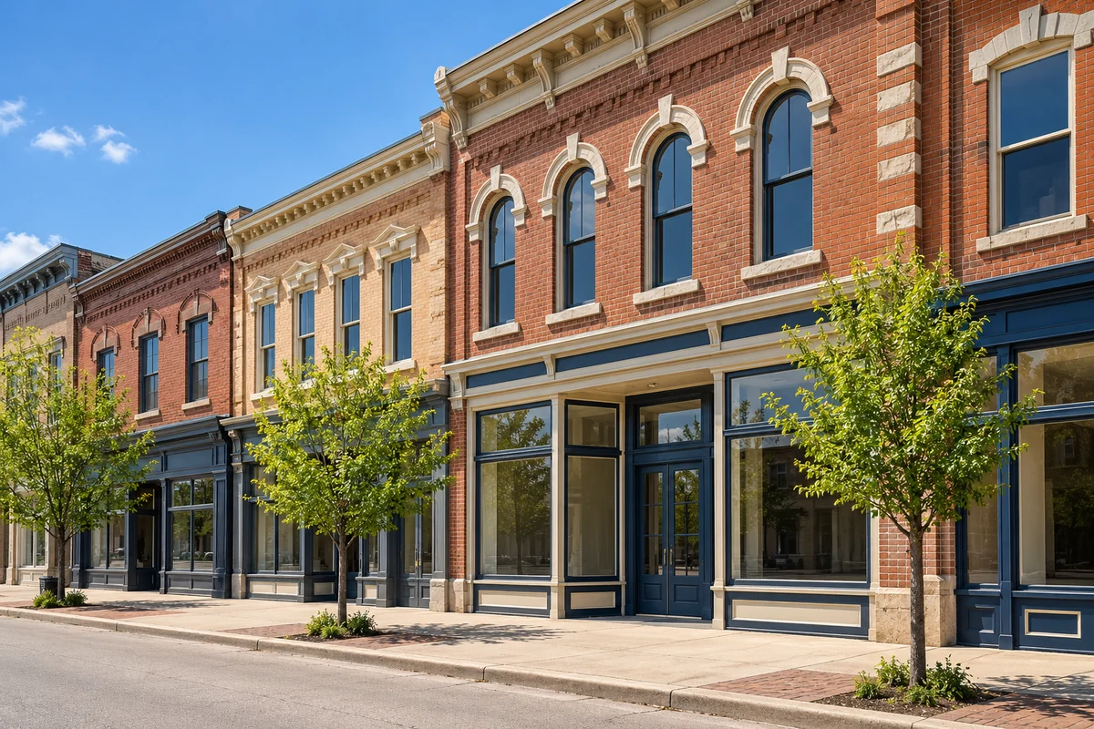Representative small Midwestern main street with brick storefronts.