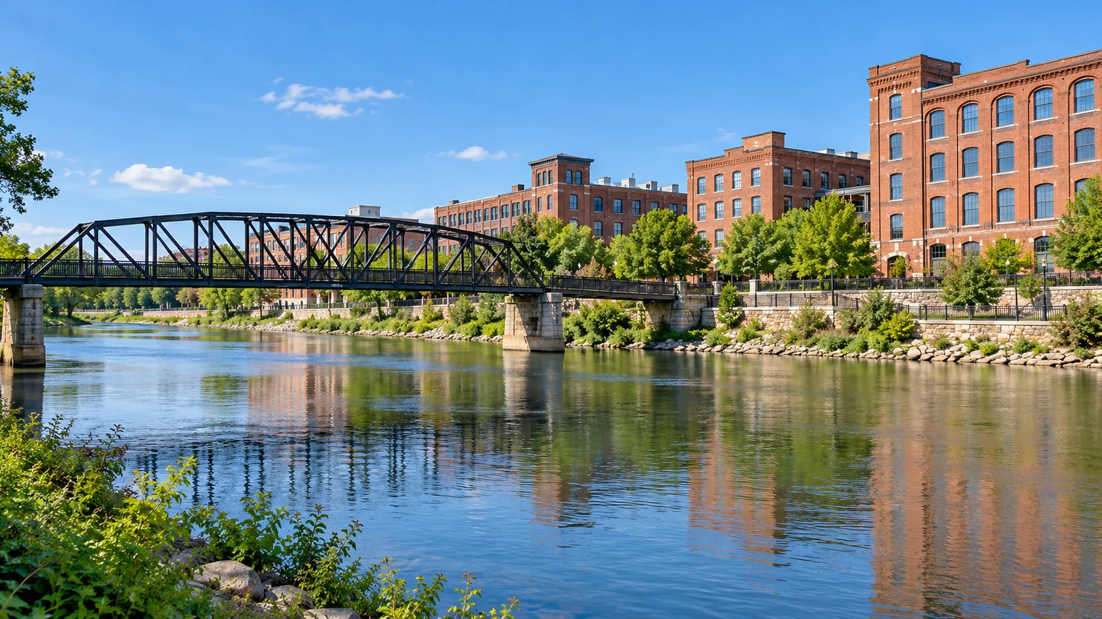 Representative Ohio riverfront scene with brick buildings and a pedestrian bridge.