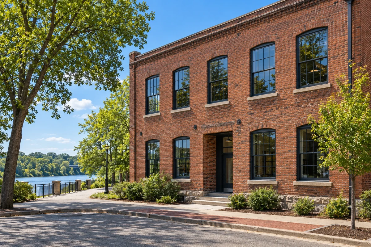 Representative Ohio river-adjacent street and reused brick warehouse architecture.