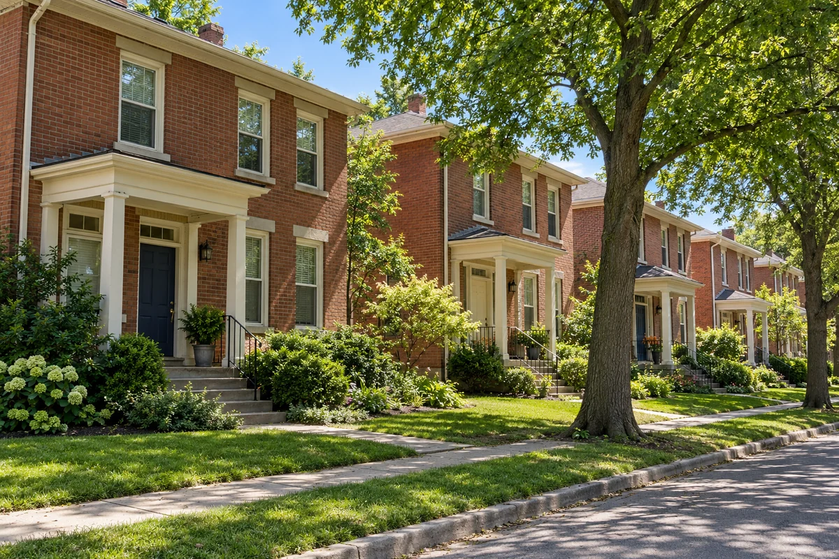 Representative Ohio college-town brick rental houses and sidewalk.