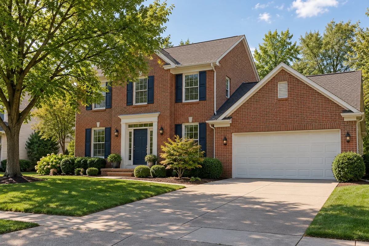 Representative suburban Ohio brick home entry and driveway.