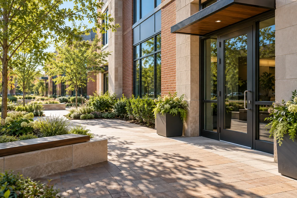 Representative Ohio brick business entrance beside a landscaped pedestrian square.