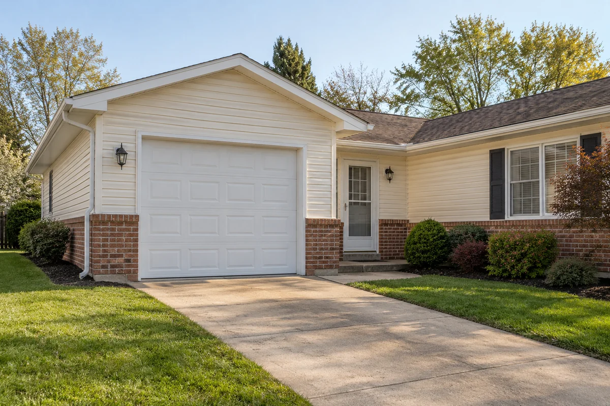 Representative modest Ohio home with an intact single garage and separate pedestrian entry.