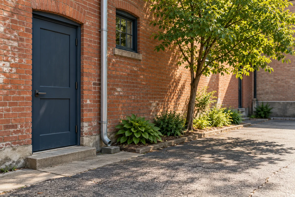 Representative historic Ohio brick rear entrance beside a small paved parking area.