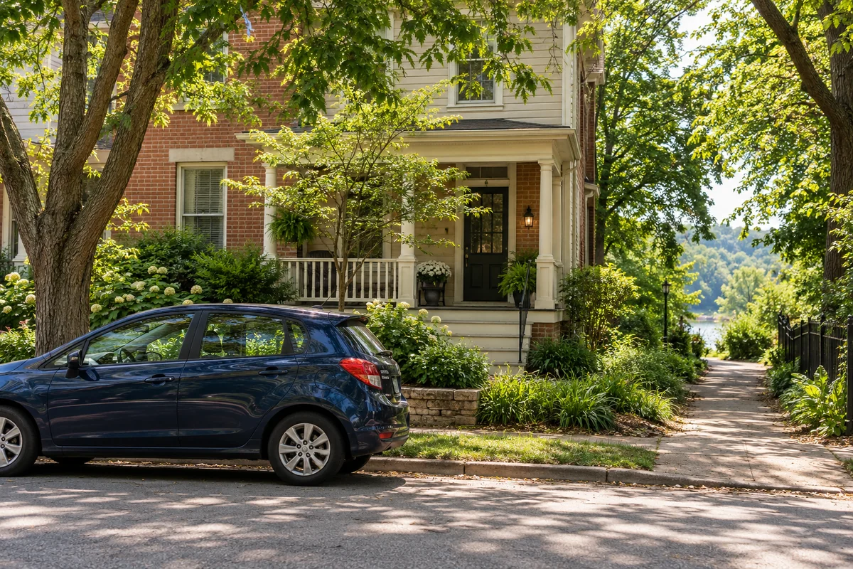 Representative leafy Ohio residential street with a porch entrance, parked car and separate walking path.