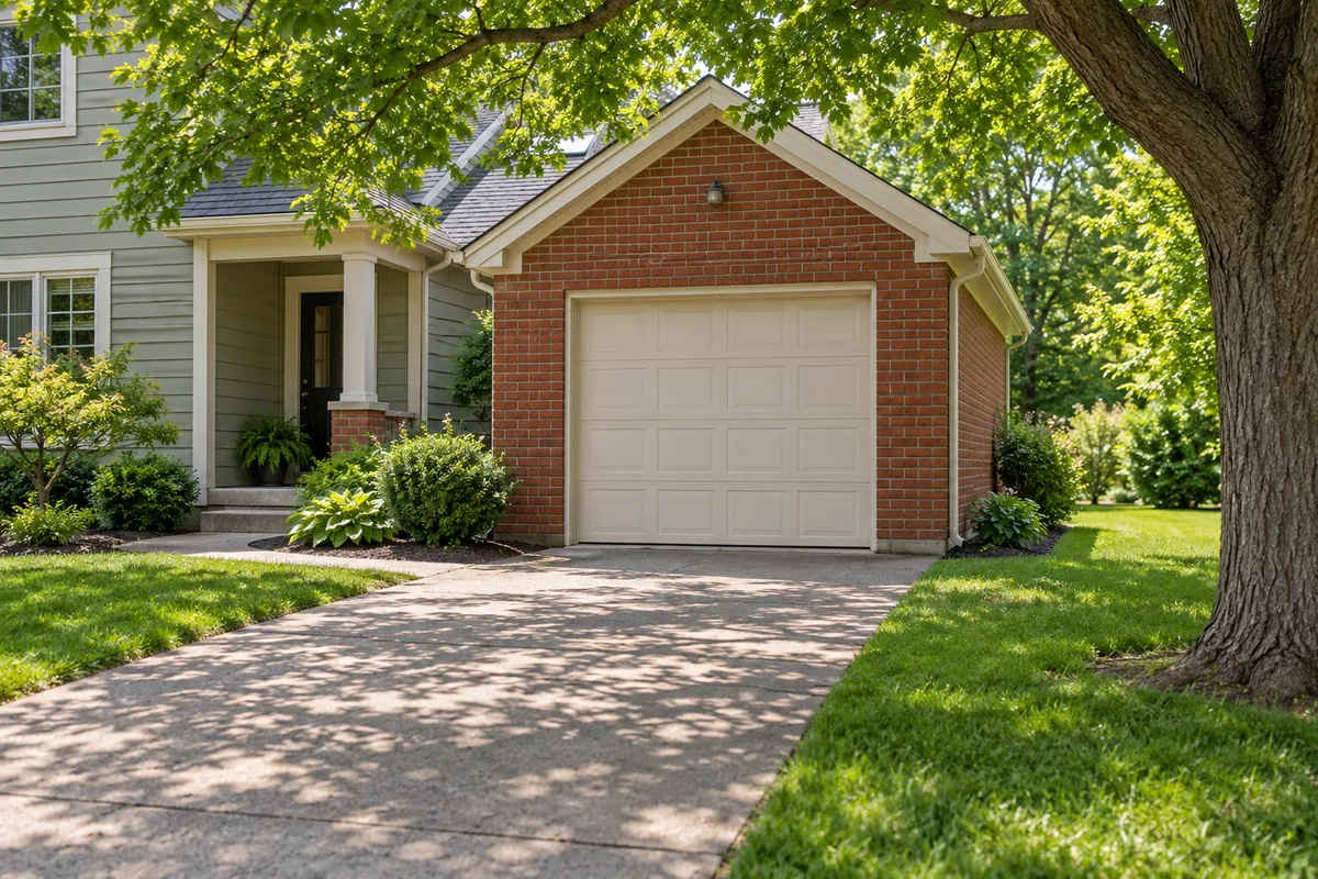 Representative tree-shaded Ohio driveway beside a single garage and home entrance.