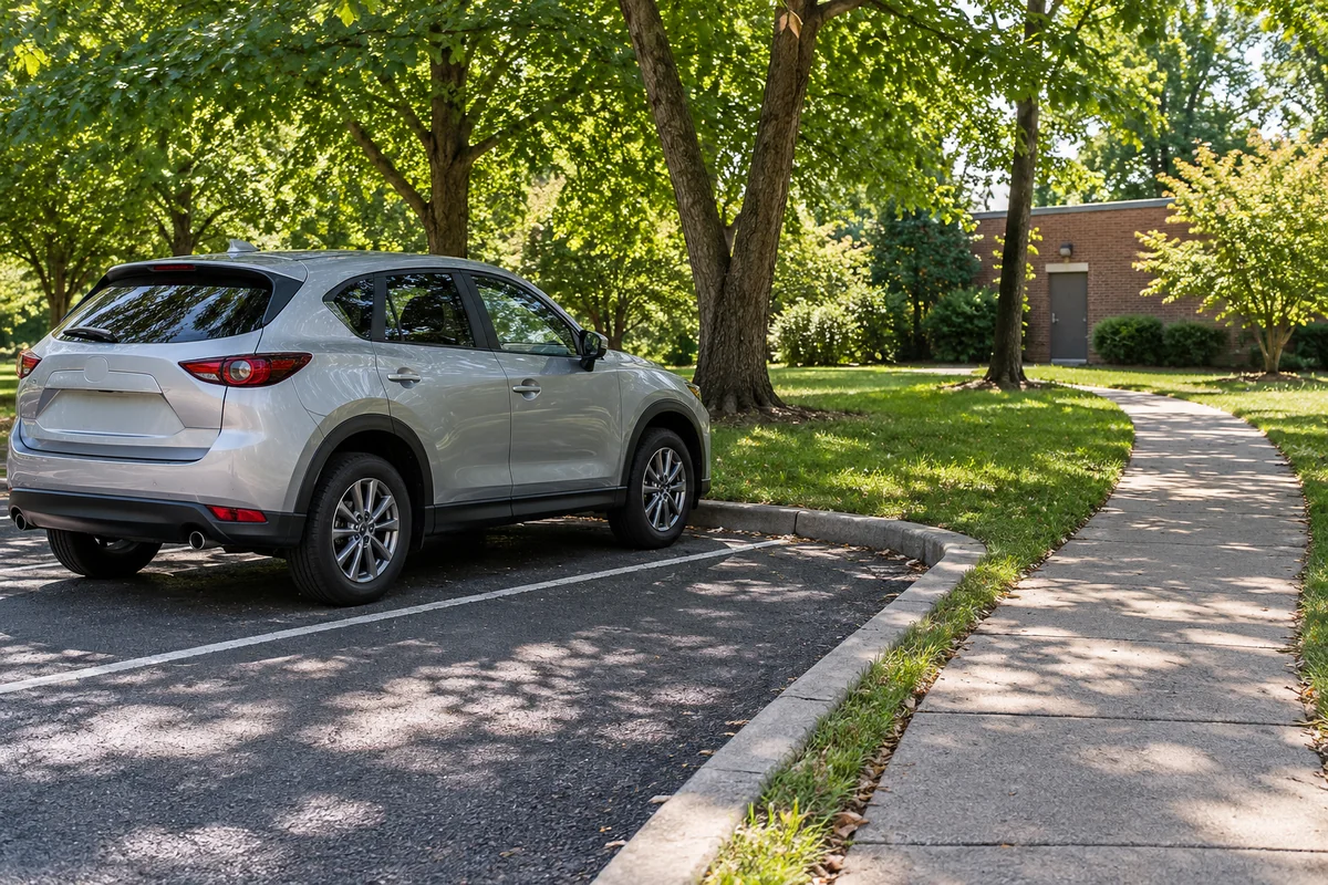 Representative wooded Ohio parking edge with a parked car and separate pedestrian path.