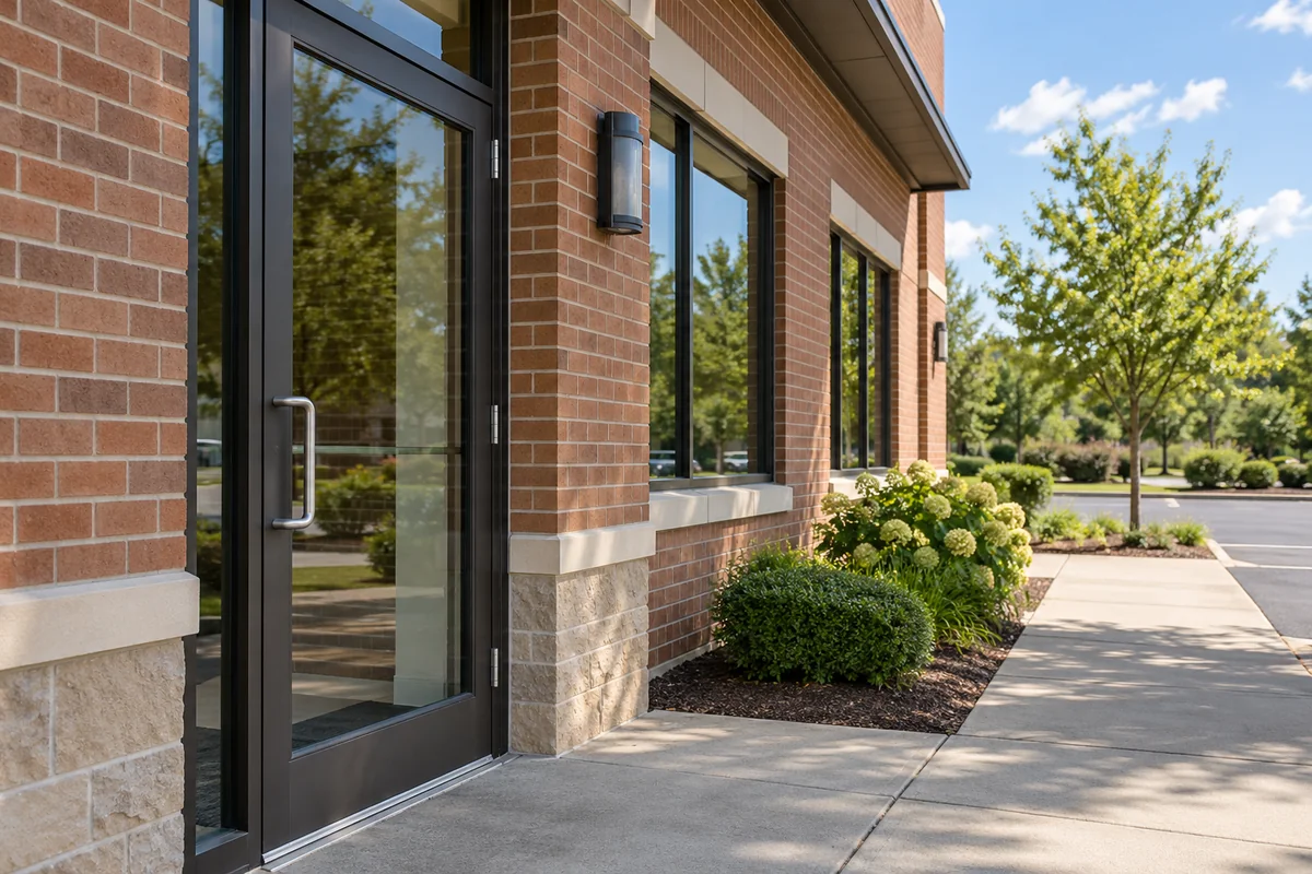 Representative Ohio suburban business frontage with a plain glass entrance.