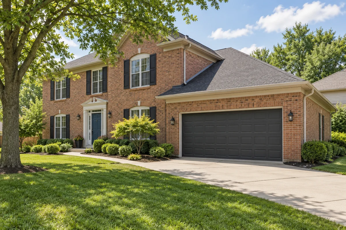Representative Ohio brick home with a closed double garage and separate front entrance.